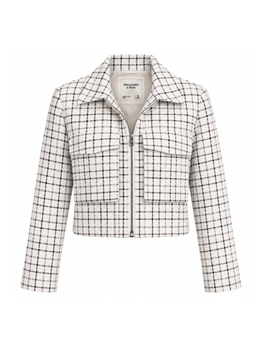 Abercrombie & Fitch Cropped Zip Tweed Shirt Jacket in Black/White Windowpane